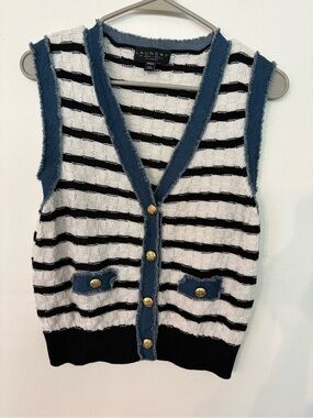 Laundry by Shelli Segal Striped Sleeveless Cardigan - Black, White & Denim Trim